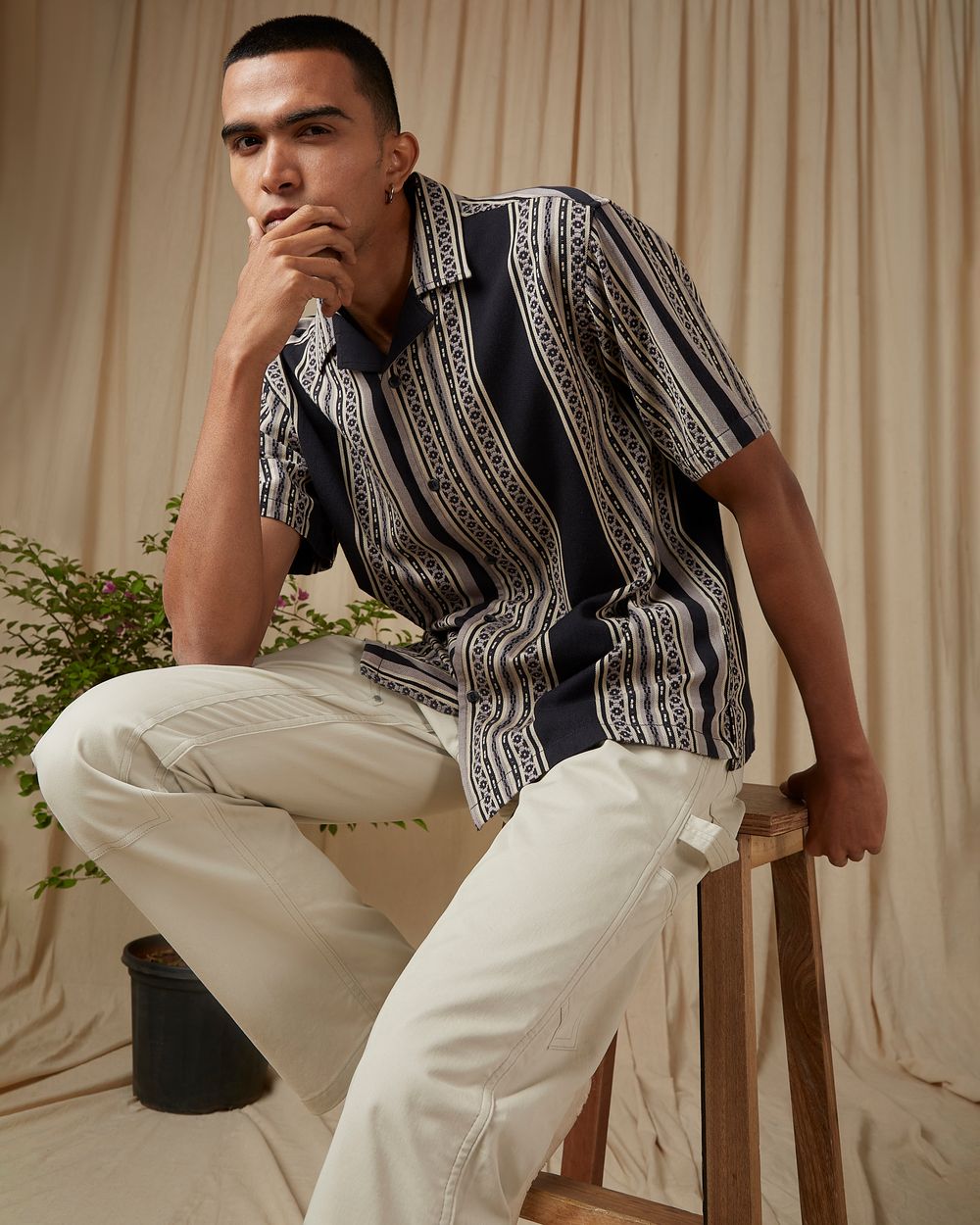 Charcoal Jacquard Stripe Loose Fit Casual Shirt