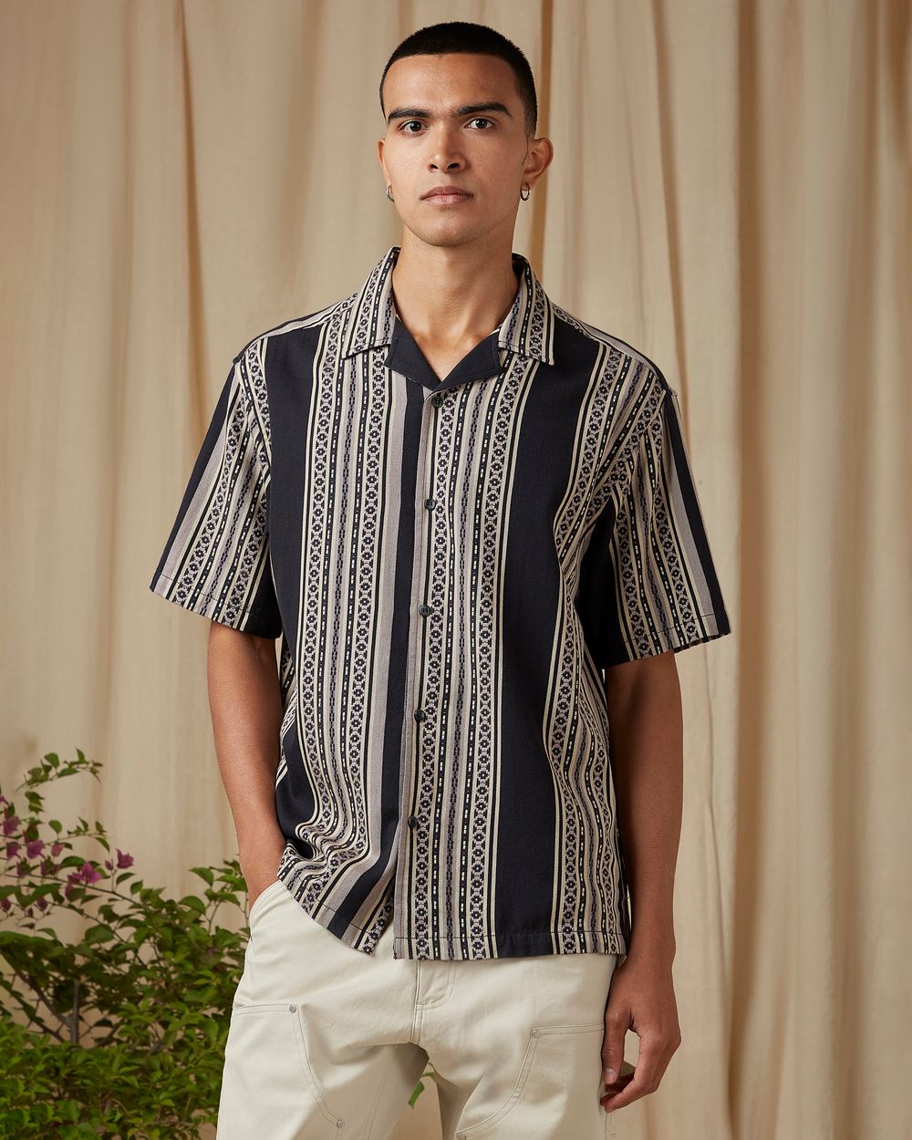 Charcoal Jacquard Stripe Loose Fit Casual Shirt