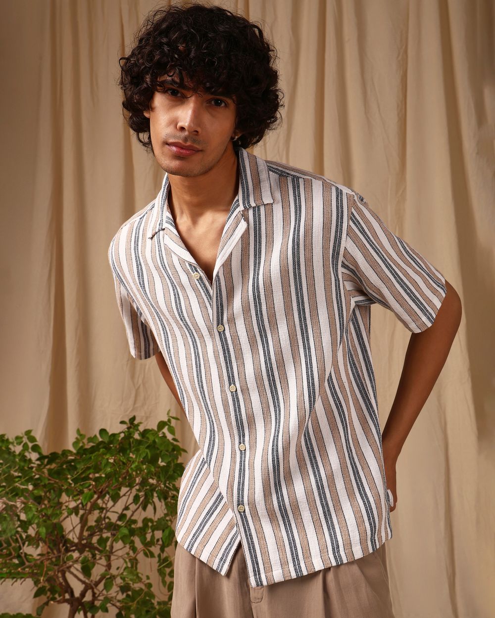 Brown Stripe Loose Fit Casual Shirt