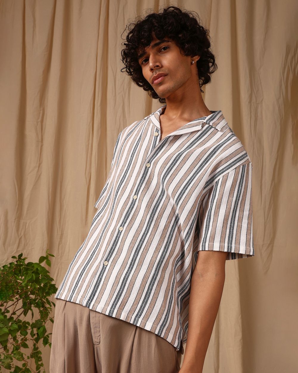 Brown Stripe Loose Fit Casual Shirt