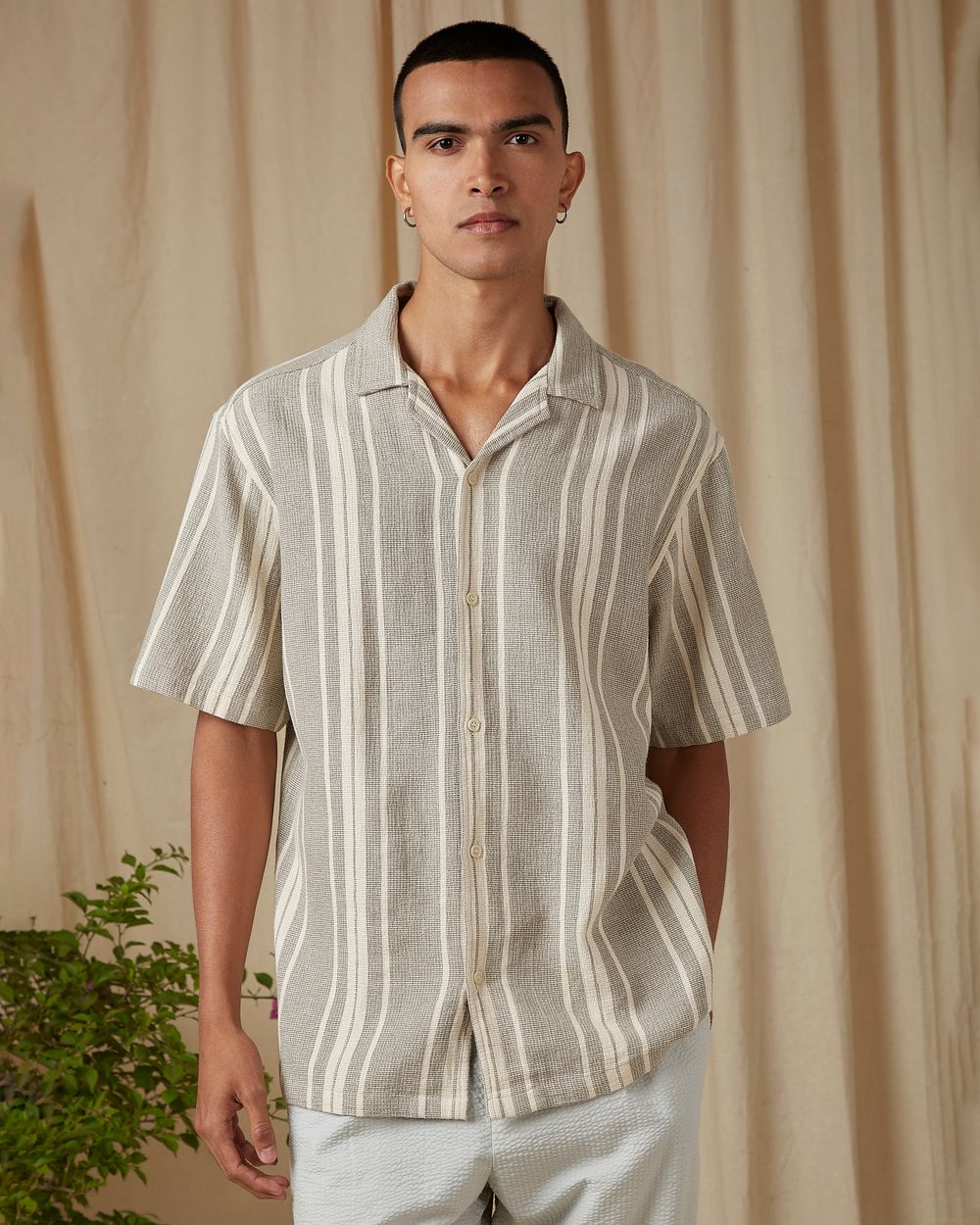Light Olive Stripe Loose Fit Casual Shirt
