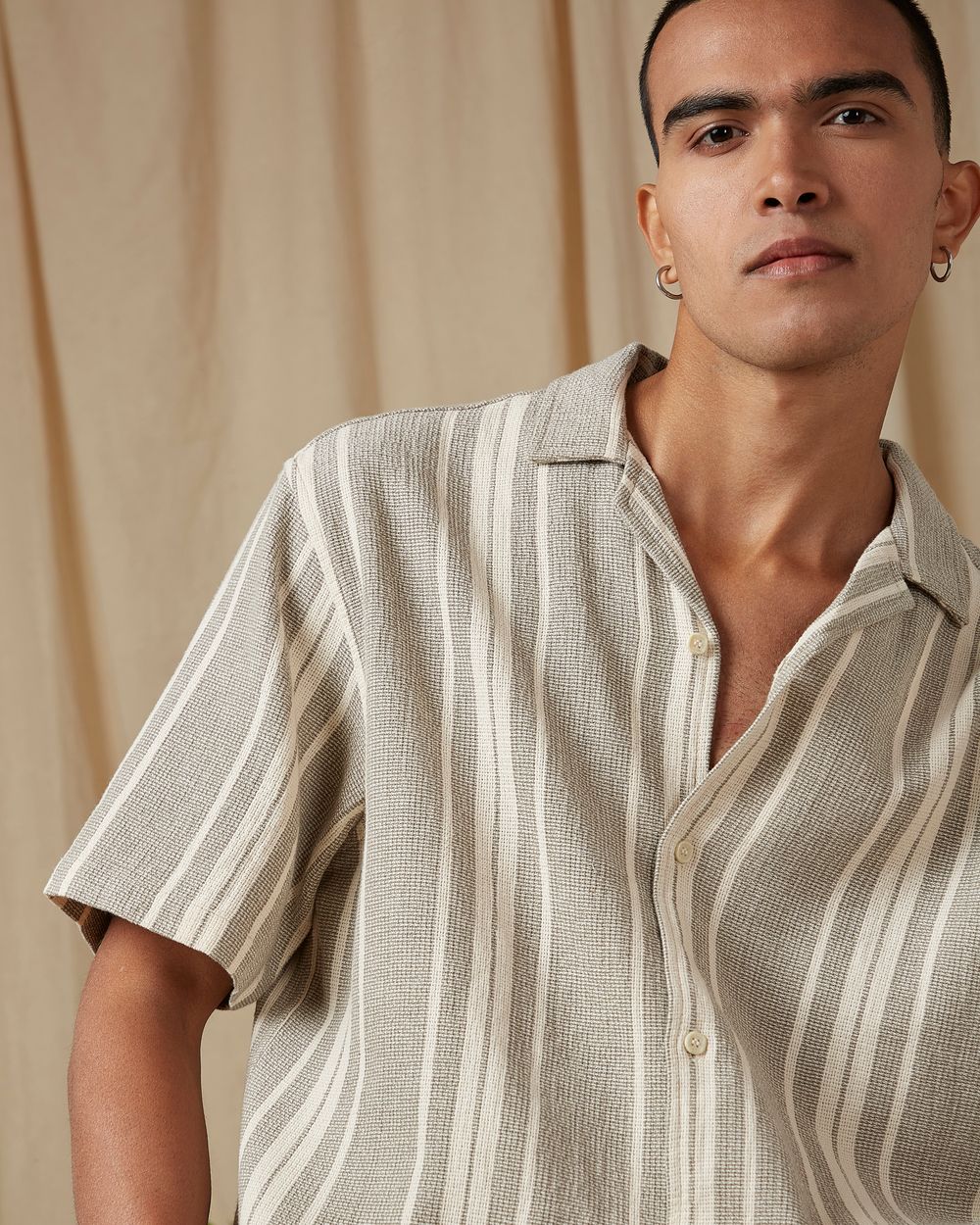 Light Olive Stripe Loose Fit Casual Shirt