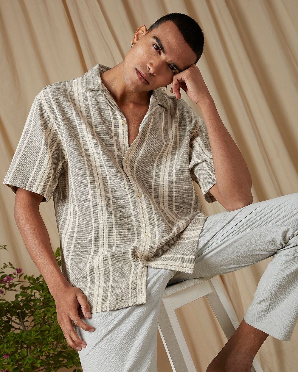 Light Olive Stripe Loose Fit Casual Shirt