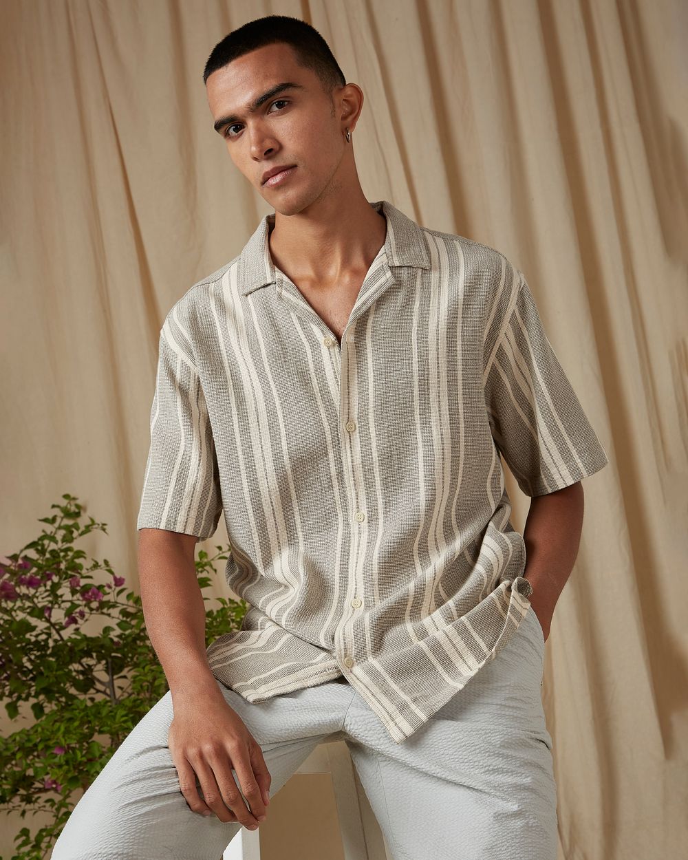 Light Olive Stripe Loose Fit Casual Shirt