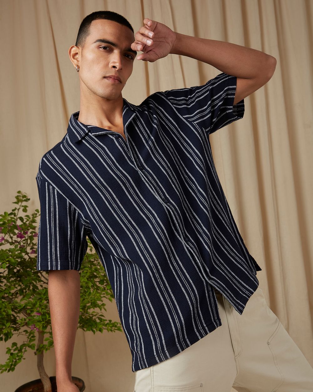 Navy Stripe Loose Fit Casual Shirt