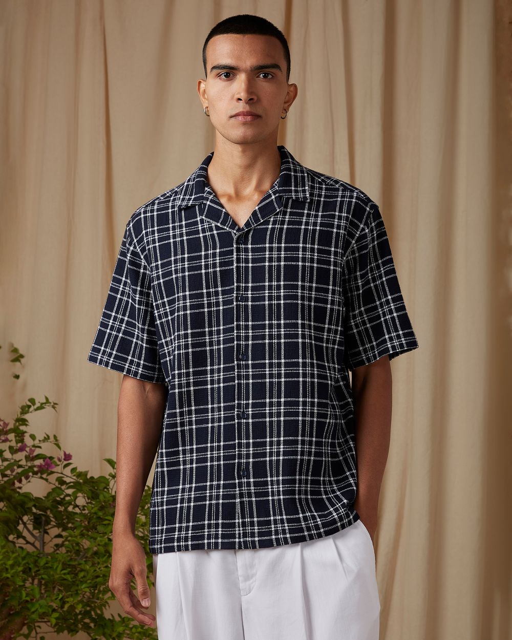 Navy Large Check Loose Fit Casual Shirt