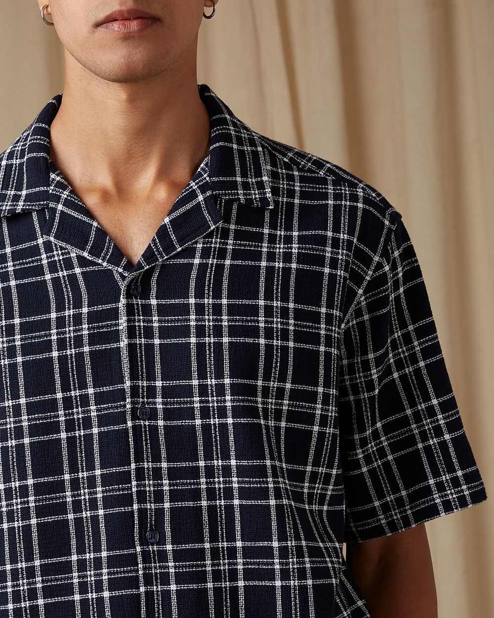 Navy Large Check Loose Fit Casual Shirt
