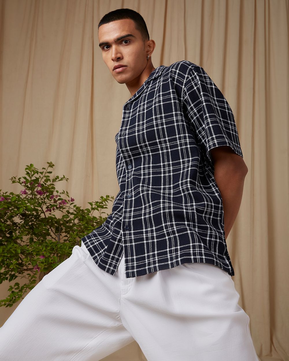 Navy Large Check Loose Fit Casual Shirt