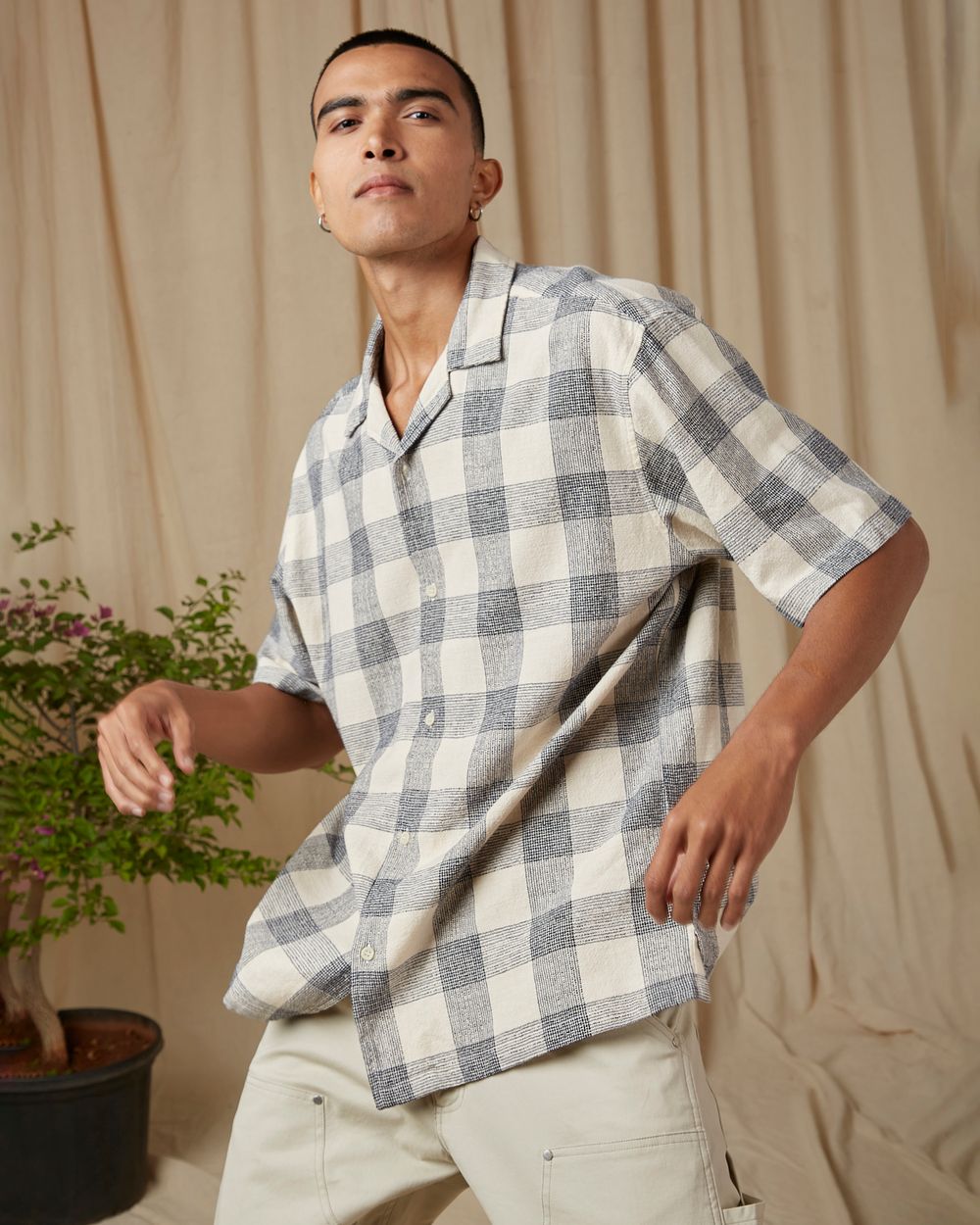 Beige Large Check Loose Fit Casual Shirt