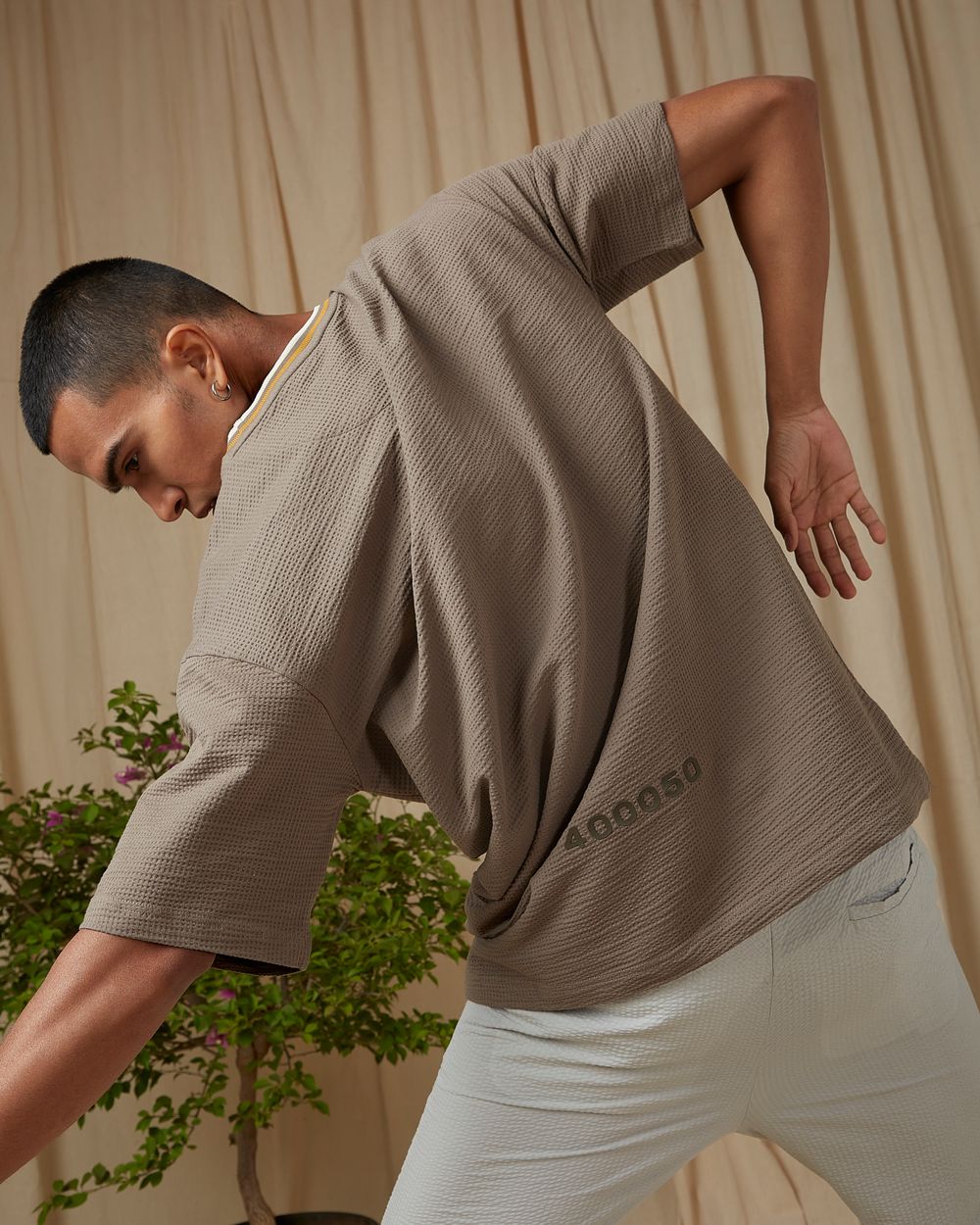 Grey Textured Knit Oversized Loose Fit T-Shirt