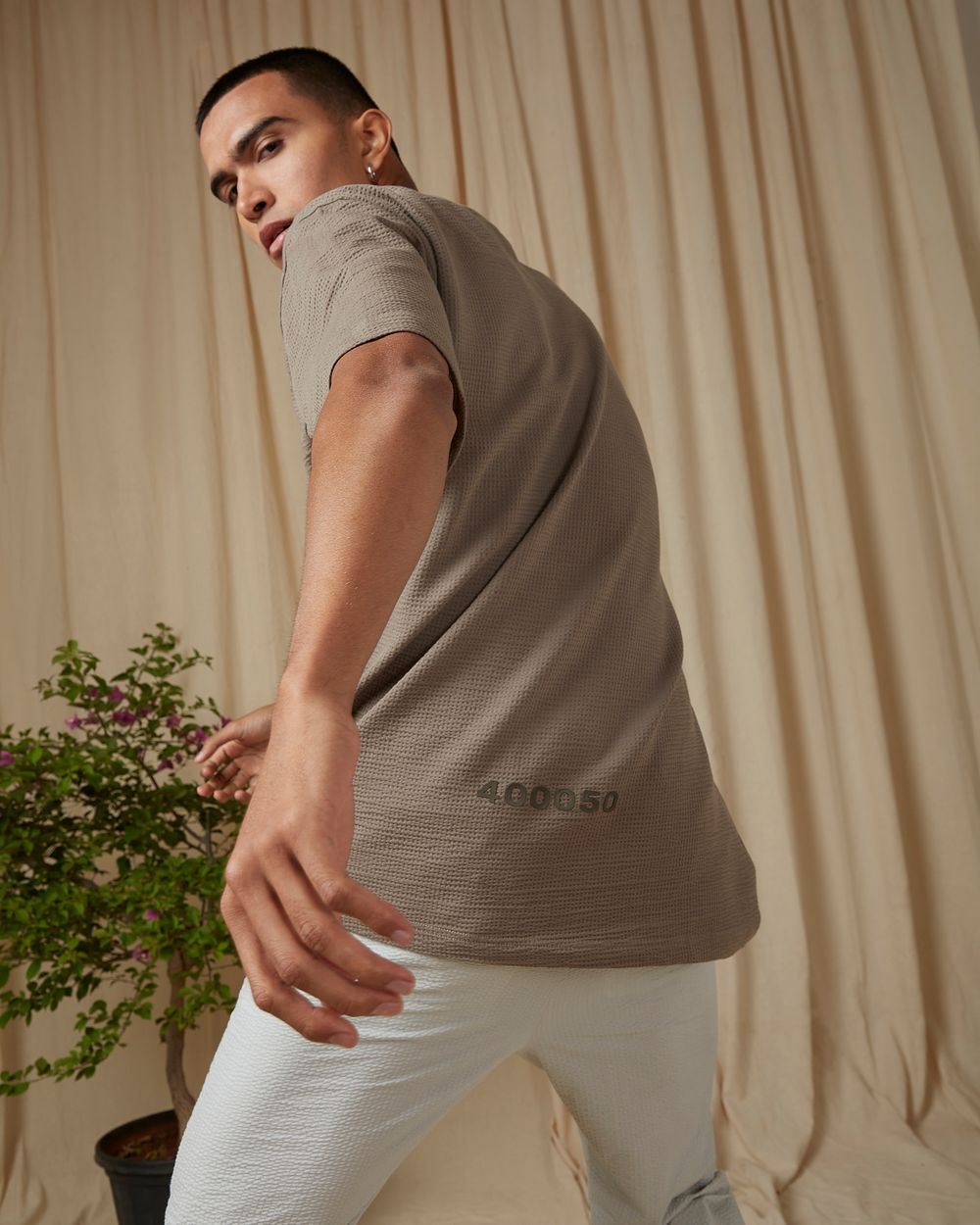 Grey Textured Knit Oversized Loose Fit T-Shirt
