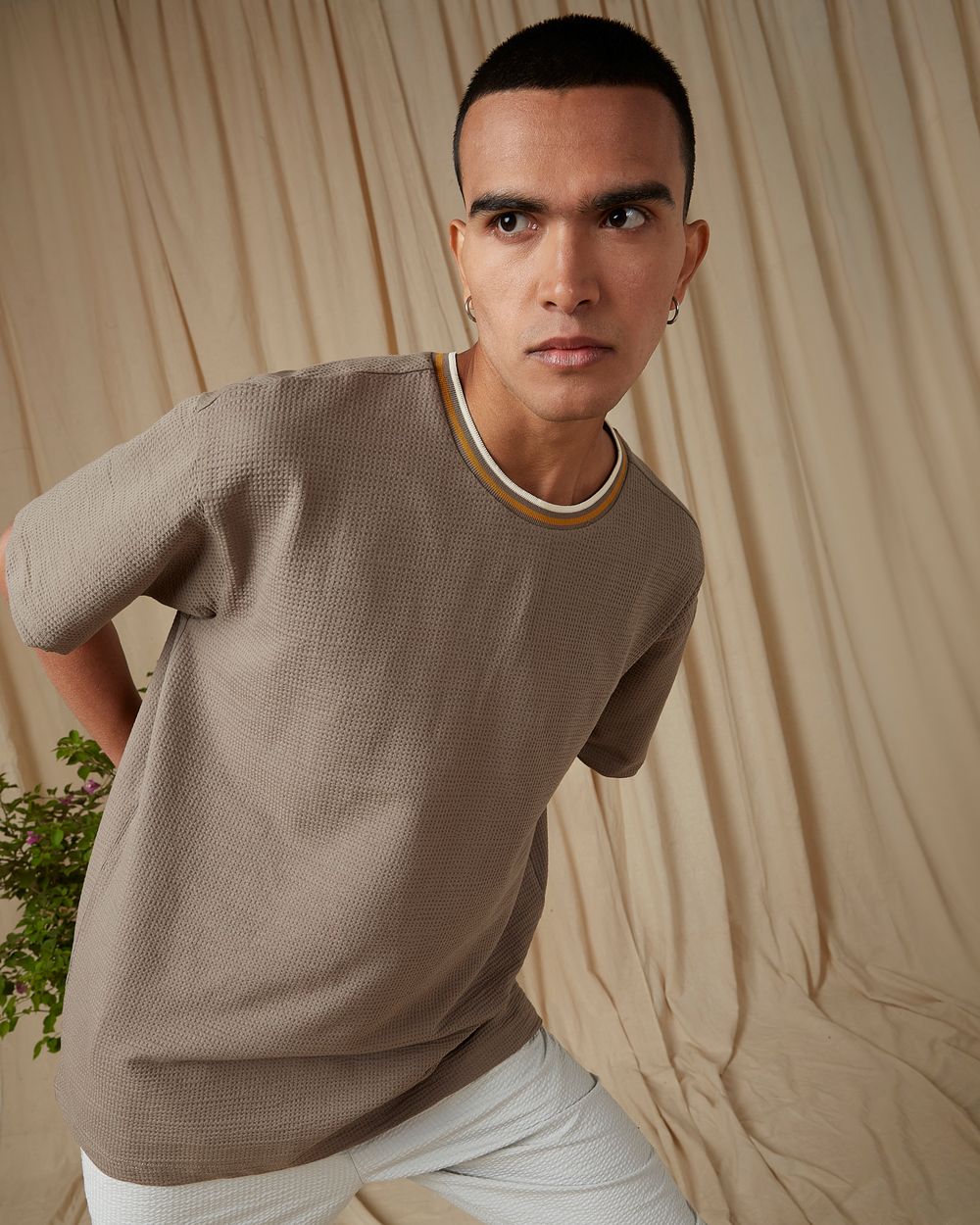 Grey Textured Knit Oversized Loose Fit T-Shirt