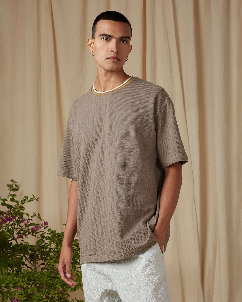 Grey Textured Knit Oversized Loose Fit T-Shirt