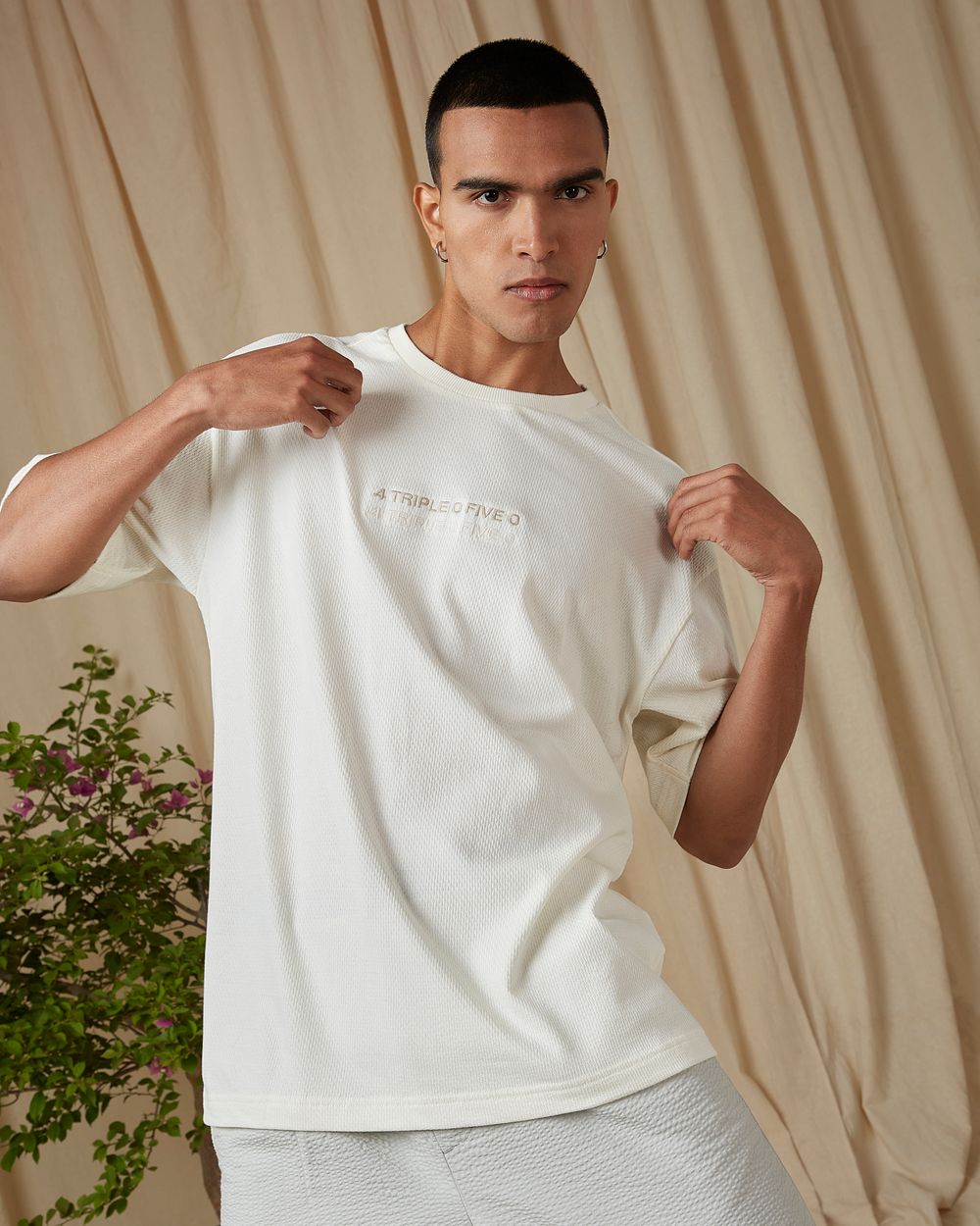 Off White Embroidered Oversized Loose Fit Tee