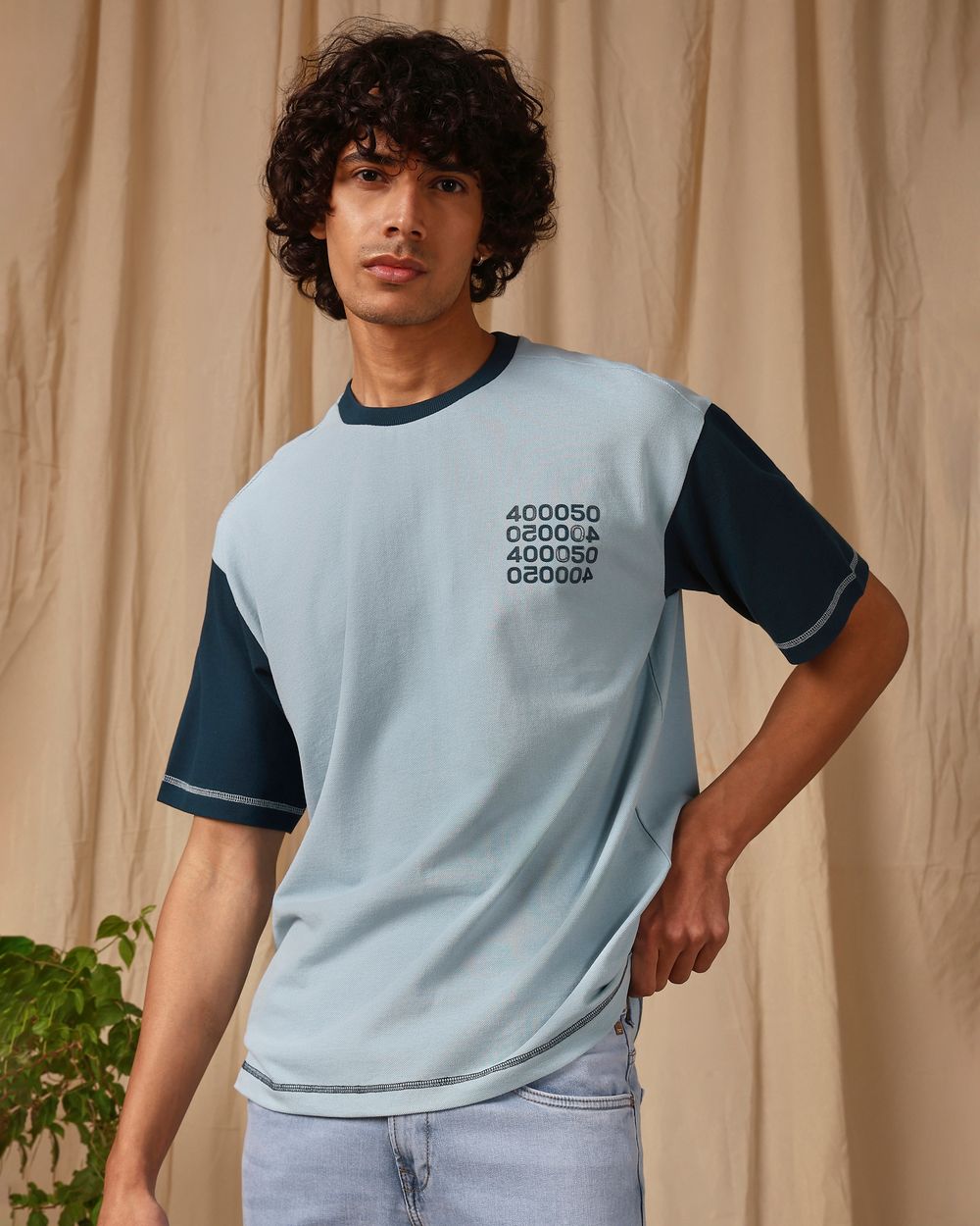 Turquoise Colour Blocked Oversized Loose Fit Tee