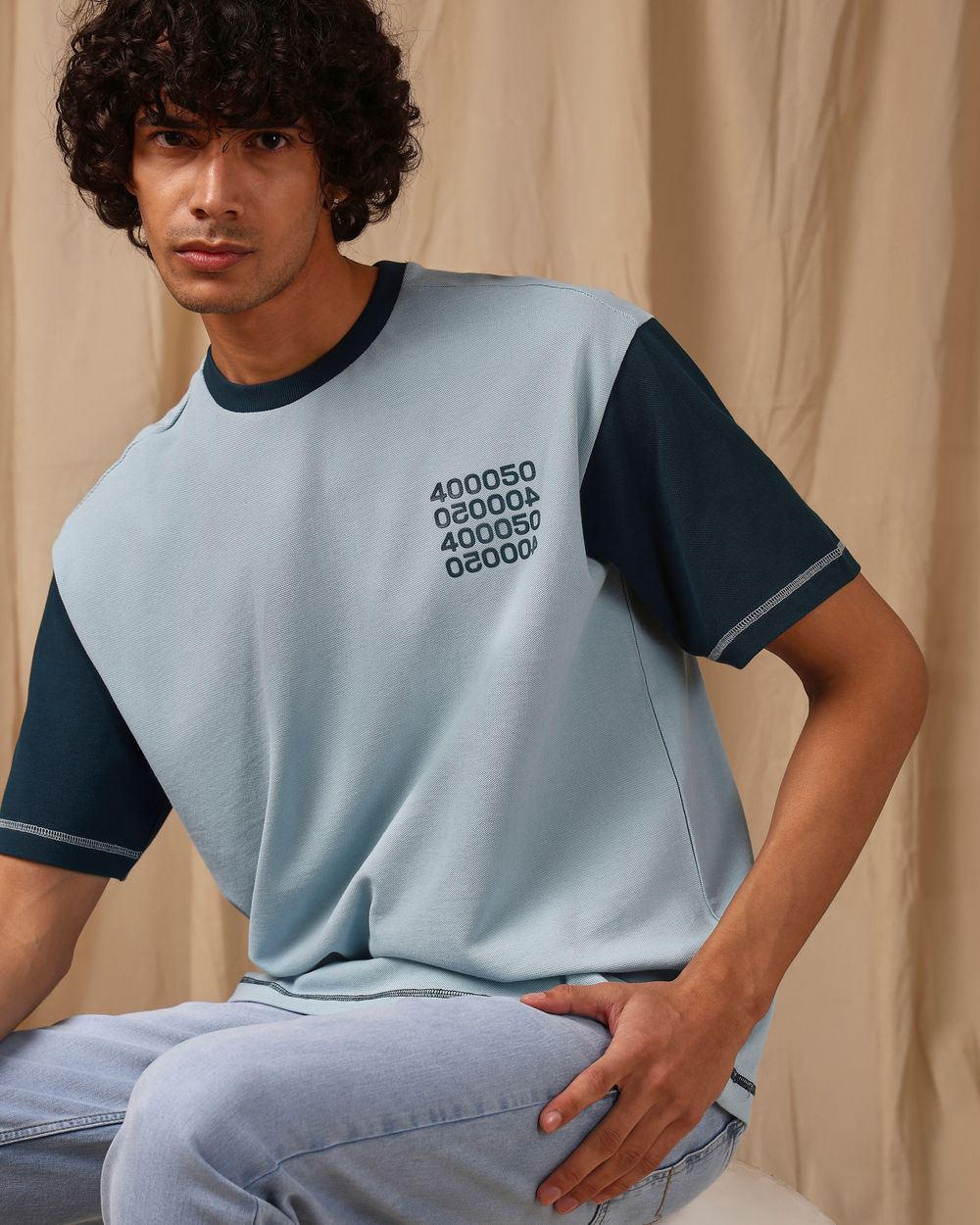 Turquoise Colour Blocked Oversized Loose Fit Tee