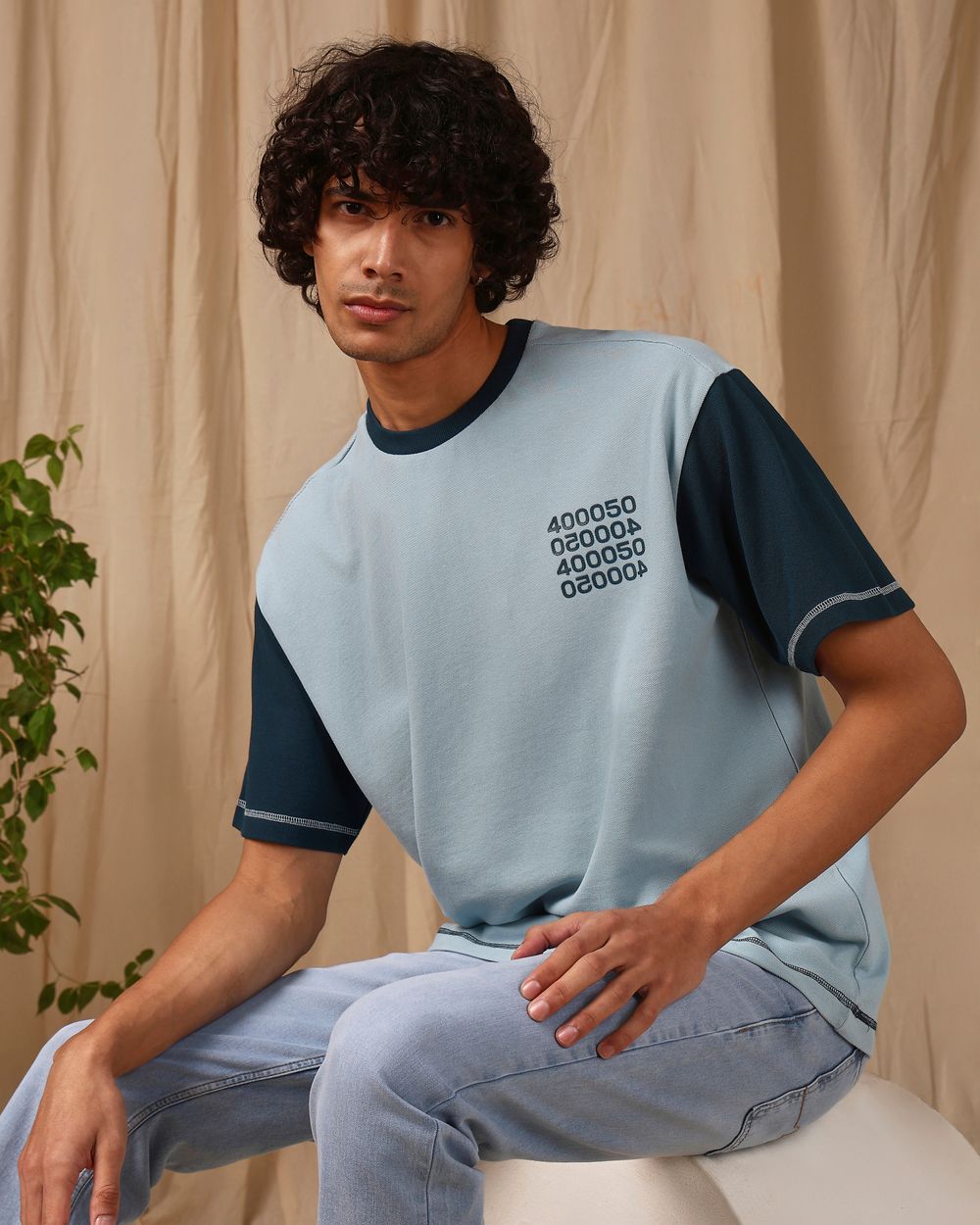 Turquoise Colour Blocked Oversized Loose Fit Tee