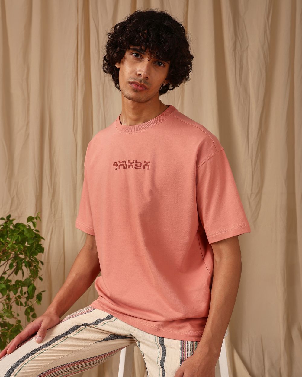 Pink Chest Print Oversized Loose Fit Tee