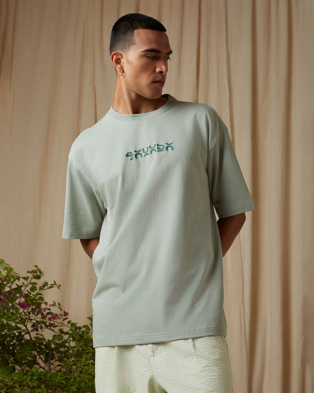 Light Green Chest Print Oversized Loose Fit Tee