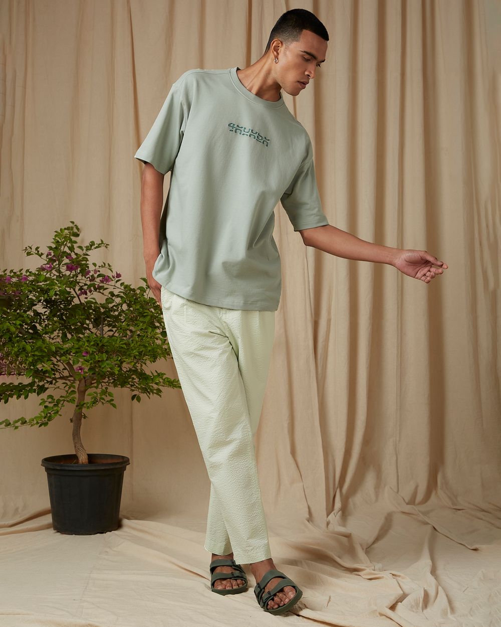 Light Green Chest Print Oversized Loose Fit Tee
