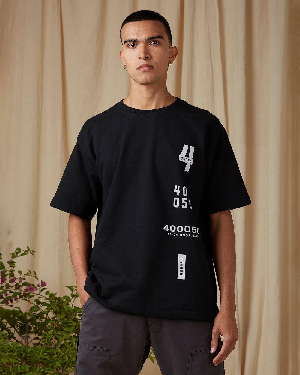 Black Flocked Oversized Loose Fit Tee