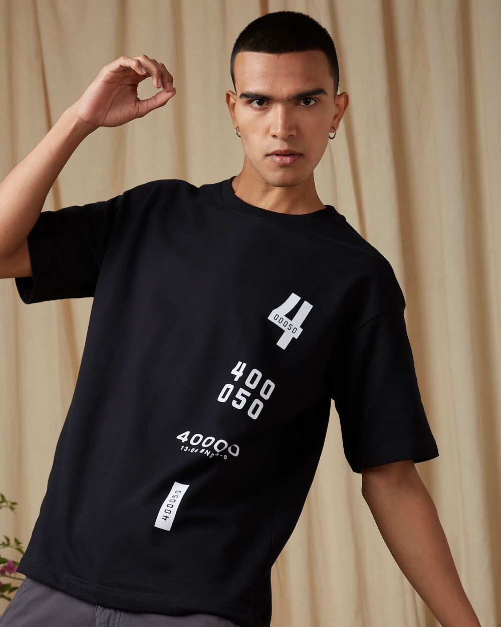 Black Flocked Oversized Loose Fit Tee