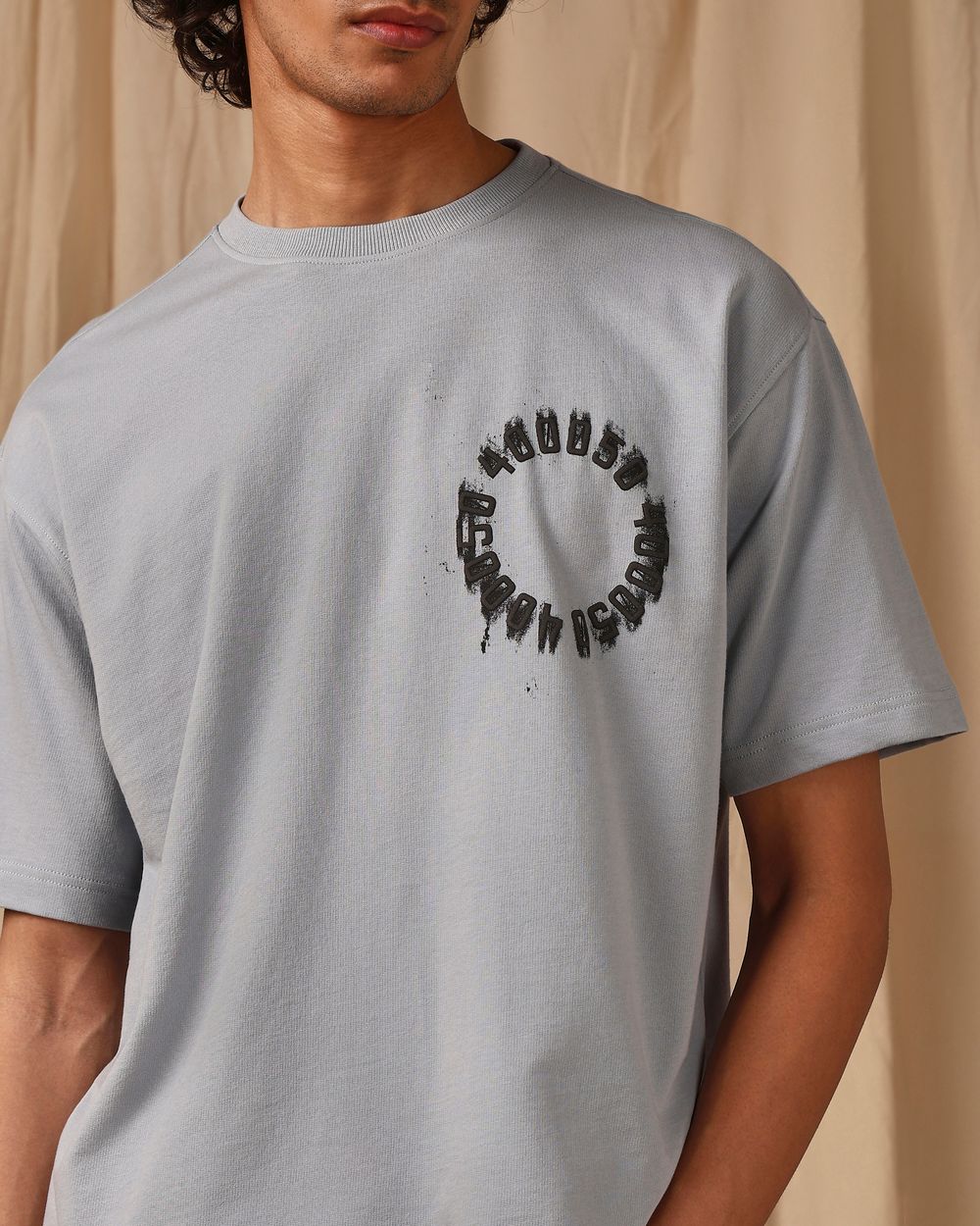 Grey Puff Print Oversized Loose Fit Tee