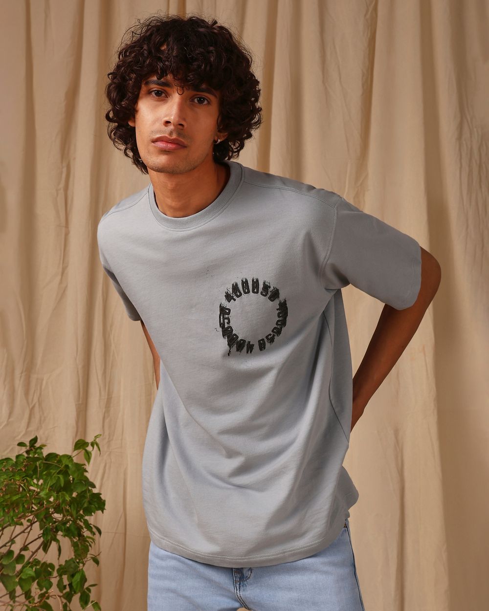 Grey Puff Print Oversized Loose Fit Tee