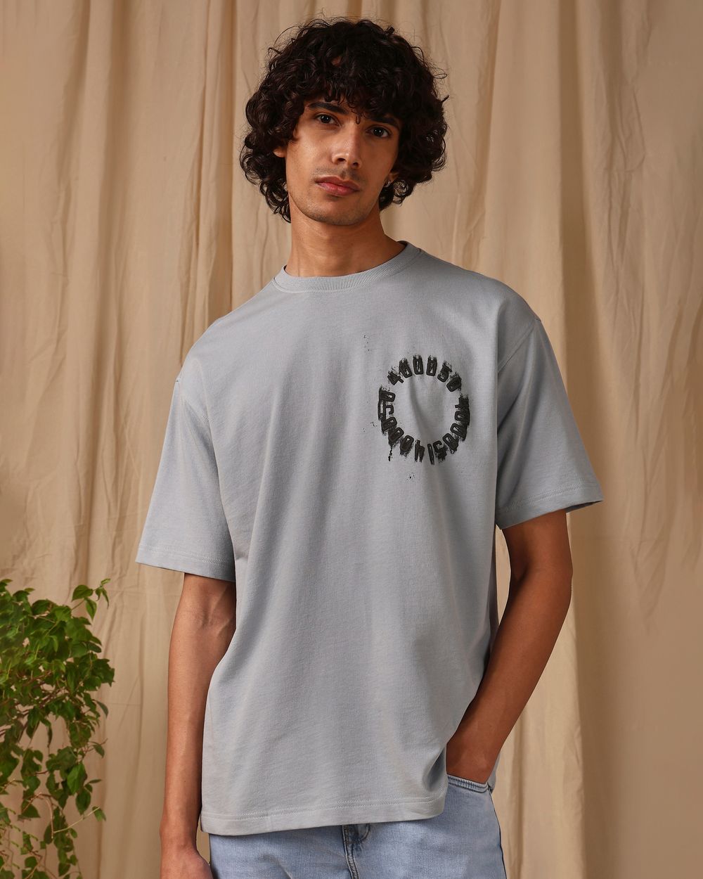 Grey Puff Print Oversized Loose Fit Tee
