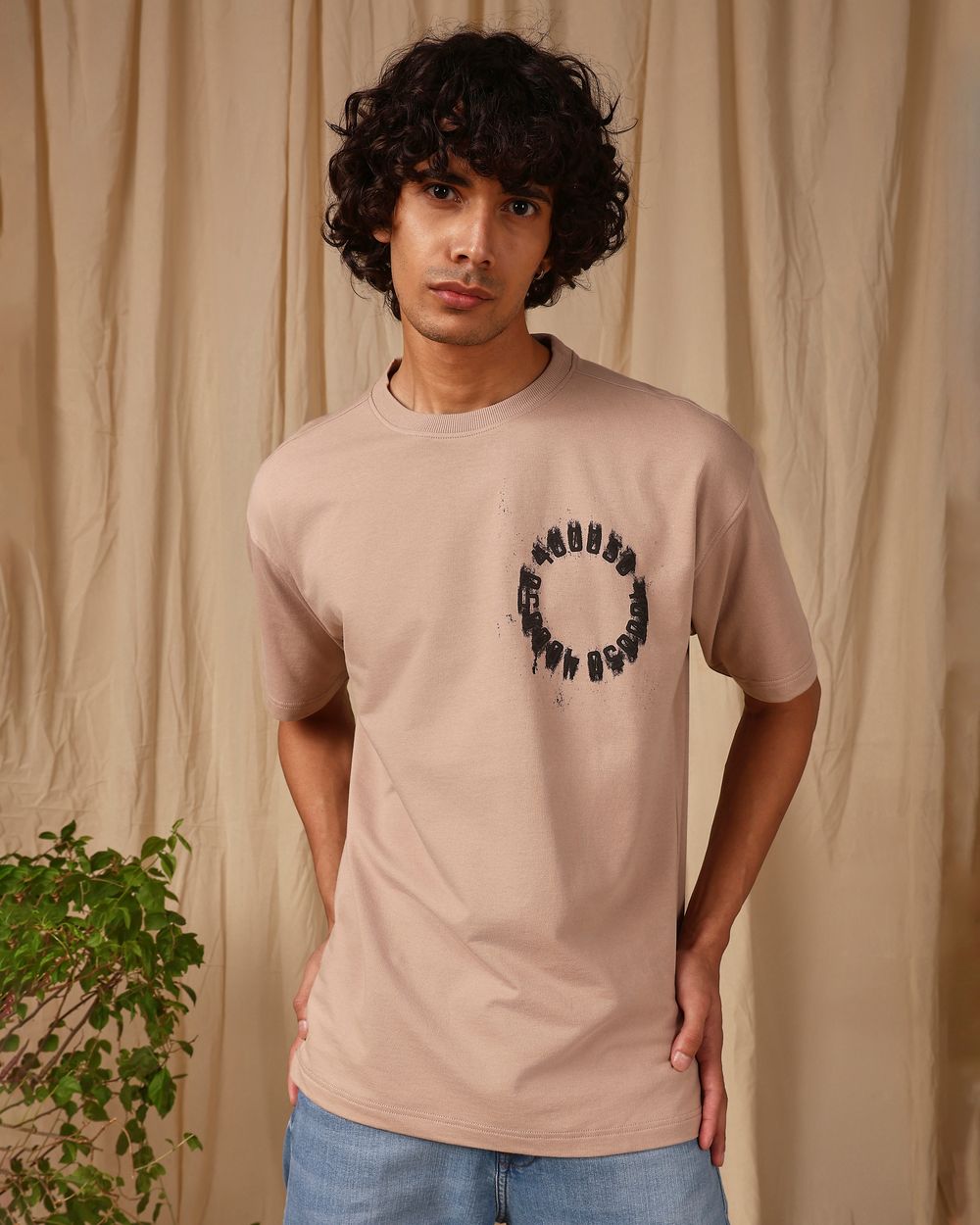 Stone Puff Print Oversized Loose Fit Tee