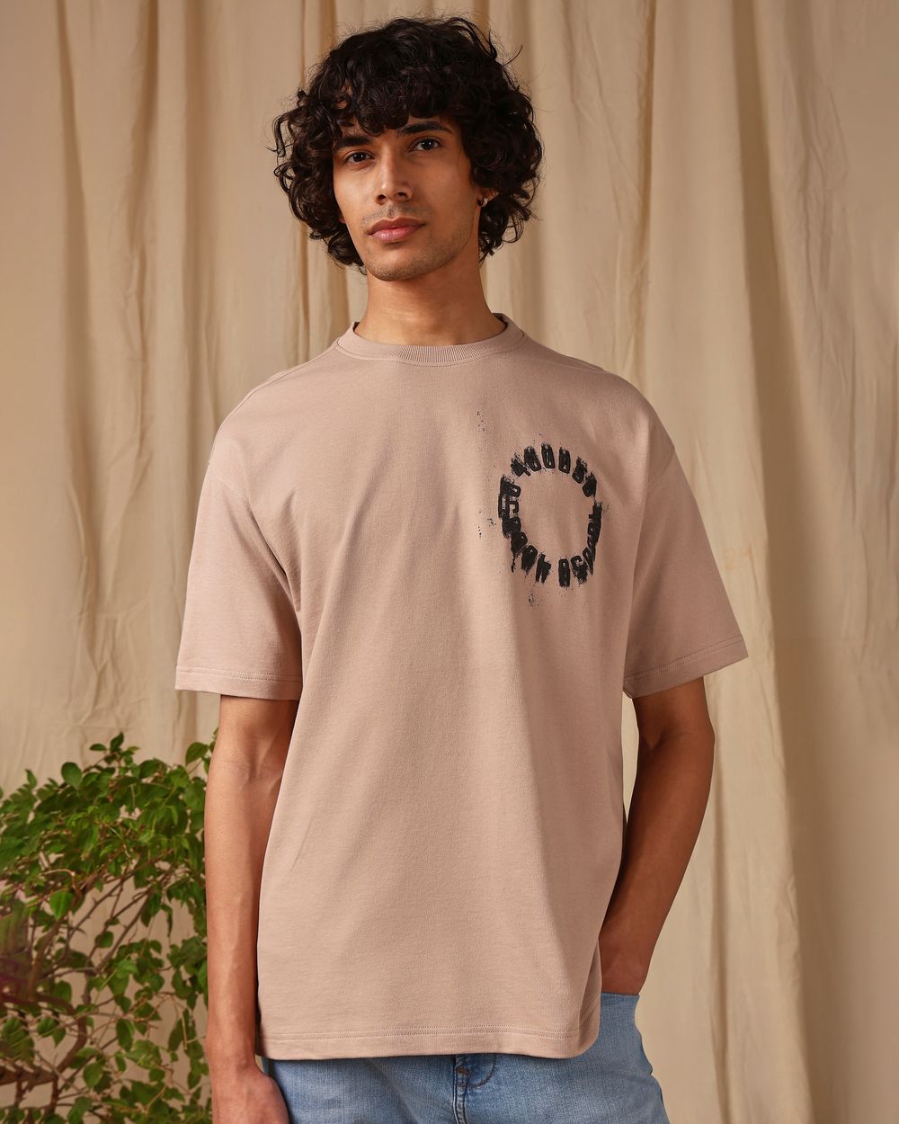 Stone Puff Print Oversized Loose Fit Tee
