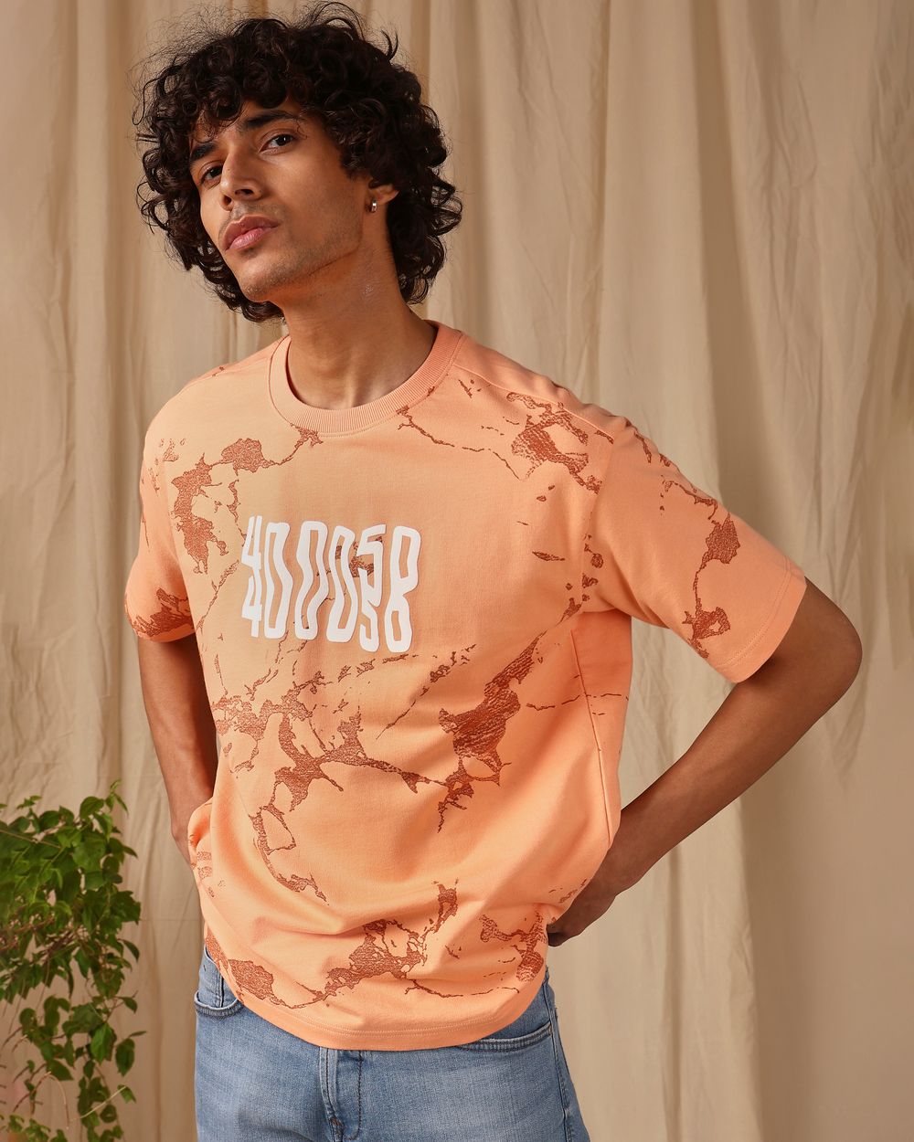 Peach Graphic Print Loose Fit T-Shirt