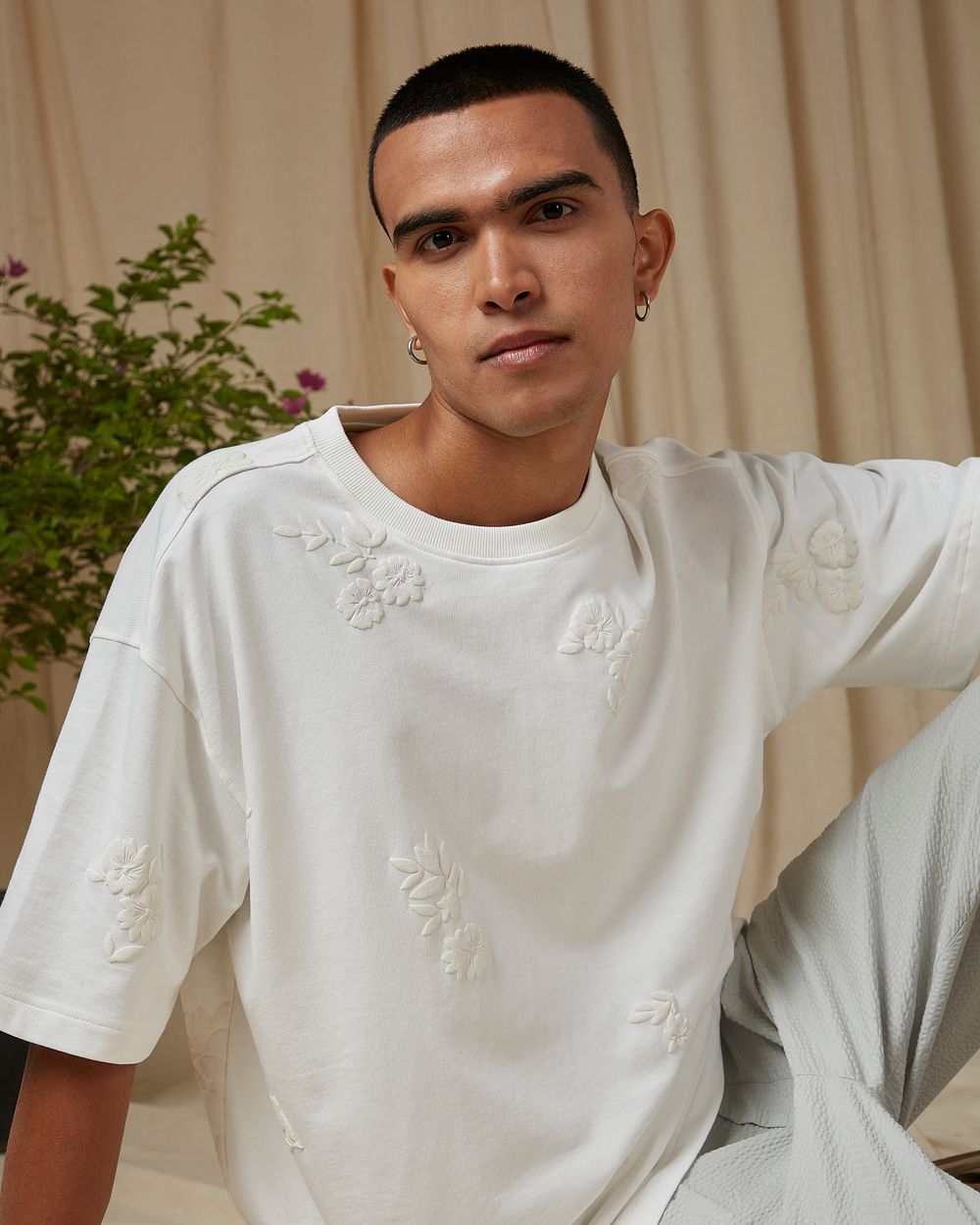 White Puff Print Oversized Loose Fit Tee