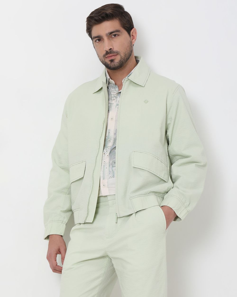 Light Green Seersucker Slim Fit Jacket