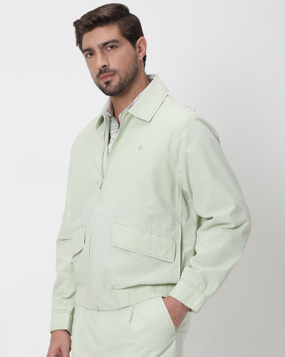 Light Green Seersucker Slim Fit Jacket