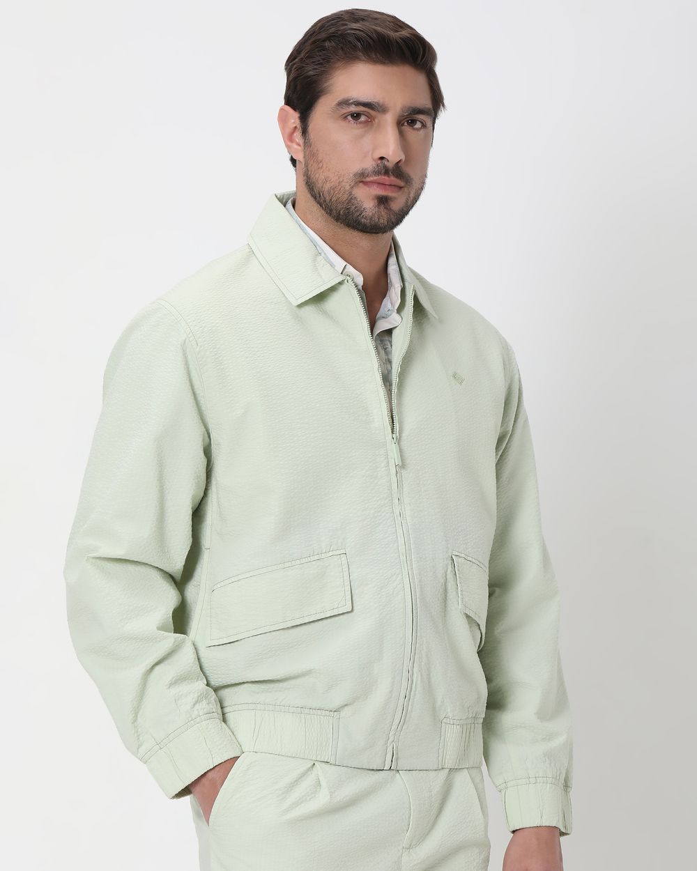 Light Green Seersucker Slim Fit Jacket