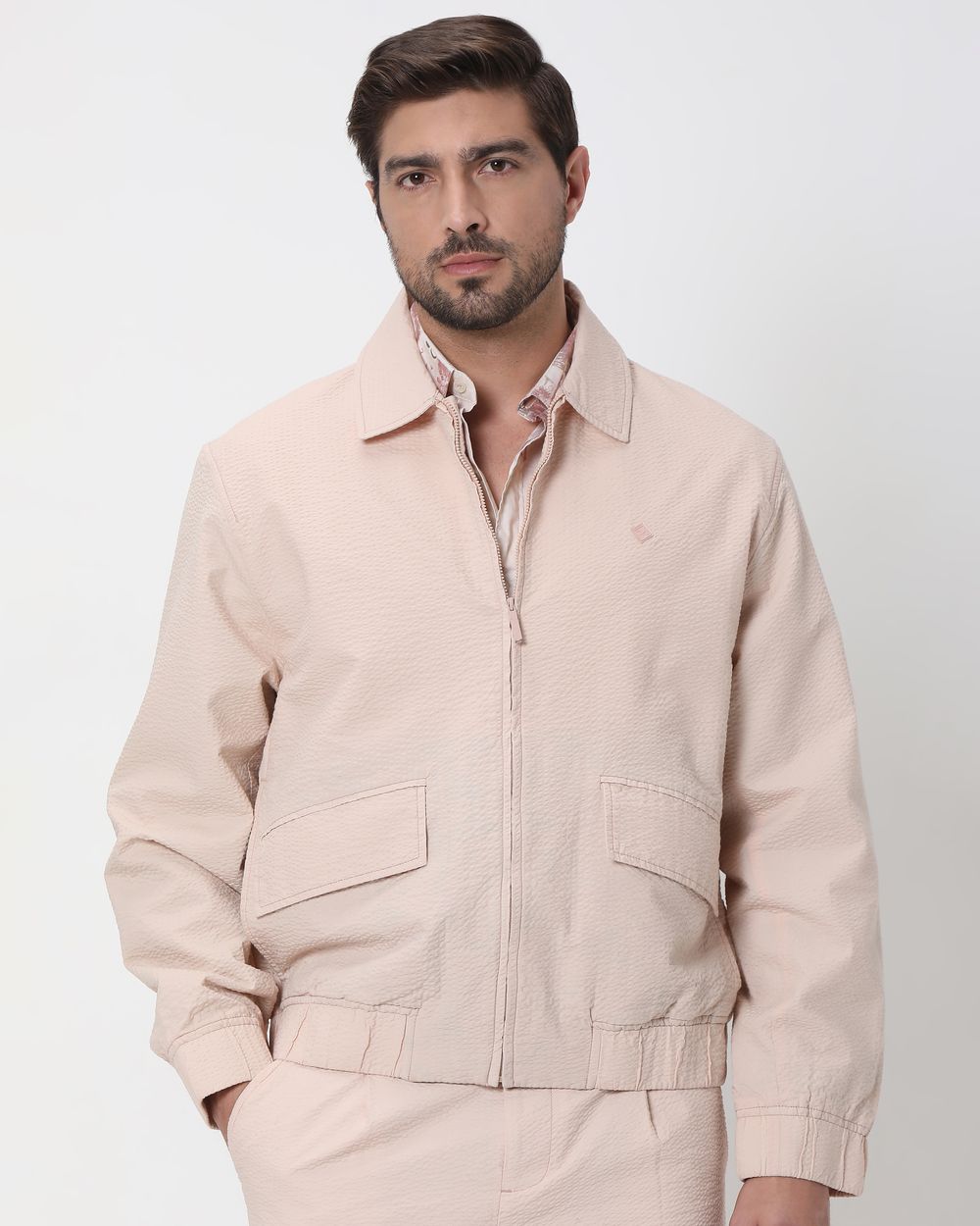 Peach Seersucker Slim Fit Jacket