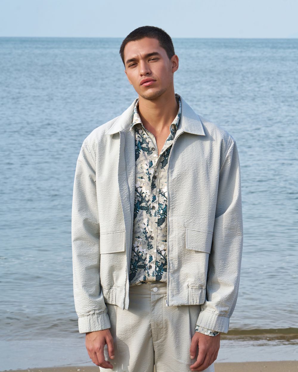 Beige Seersucker Slim Fit Jacket