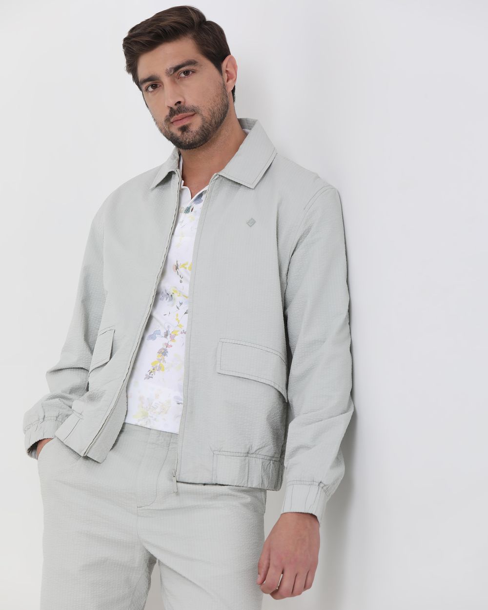Beige Seersucker Slim Fit Jacket