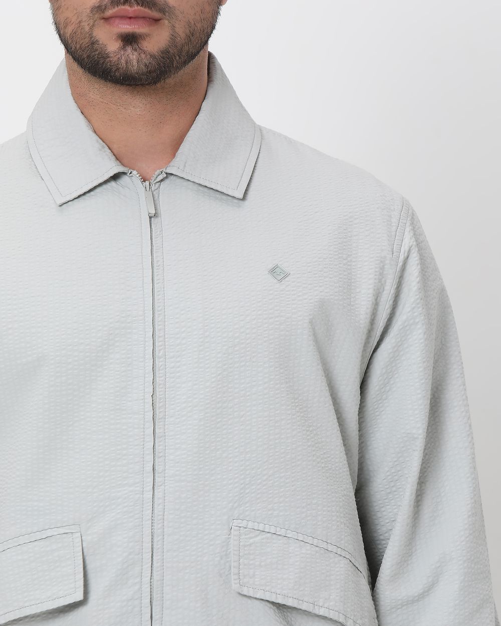 Beige Seersucker Slim Fit Jacket