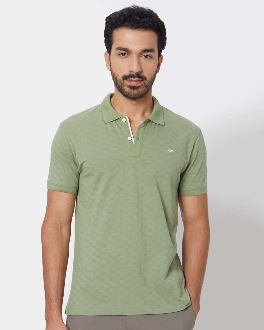 Light Olive Textured Plain Slim Fit Polo T-Shirt