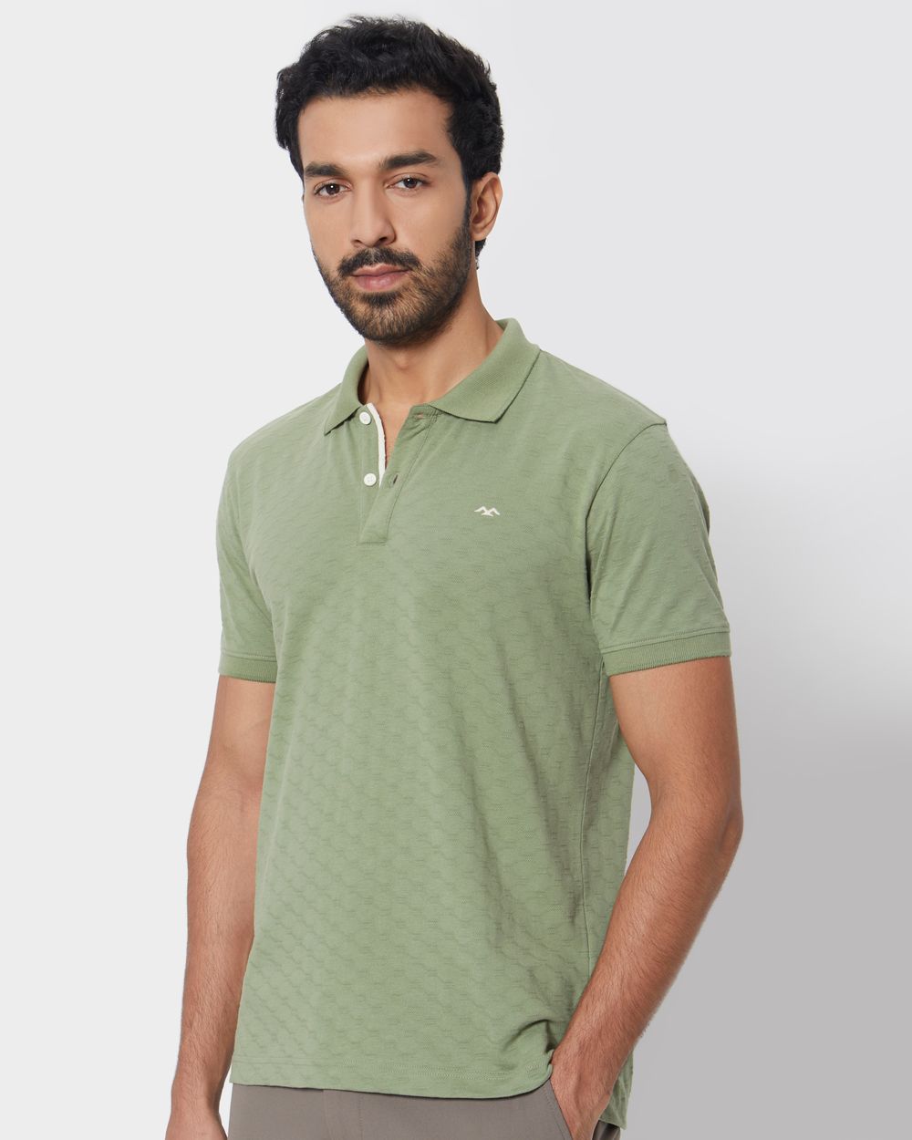 Light Olive Textured Plain Slim Fit Polo T-Shirt