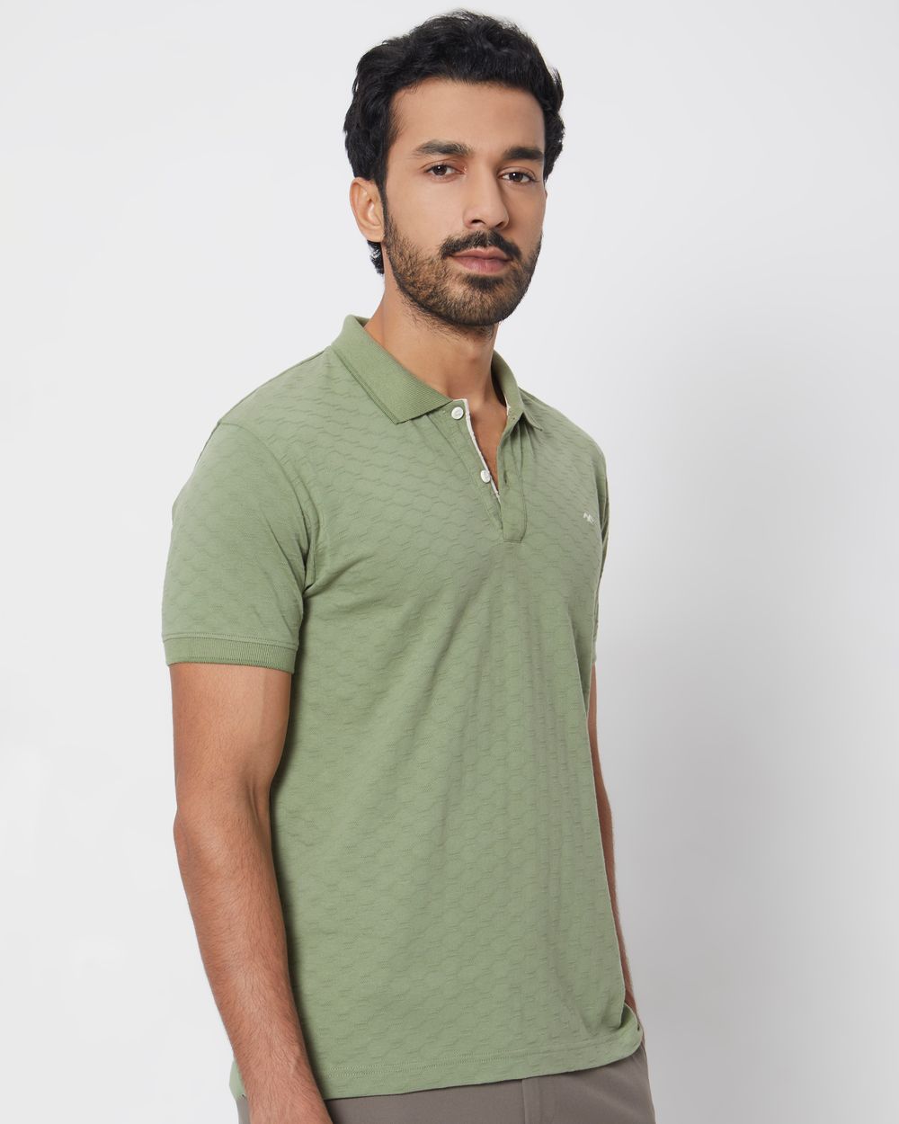 Light Olive Textured Plain Slim Fit Polo T-Shirt