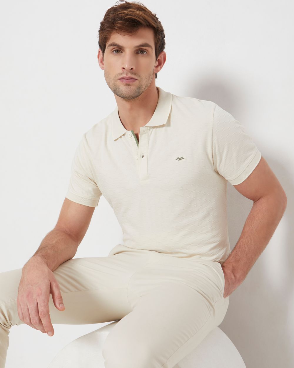 Beige Textured Slim Fit Textured Jersey Polo T-Shirt