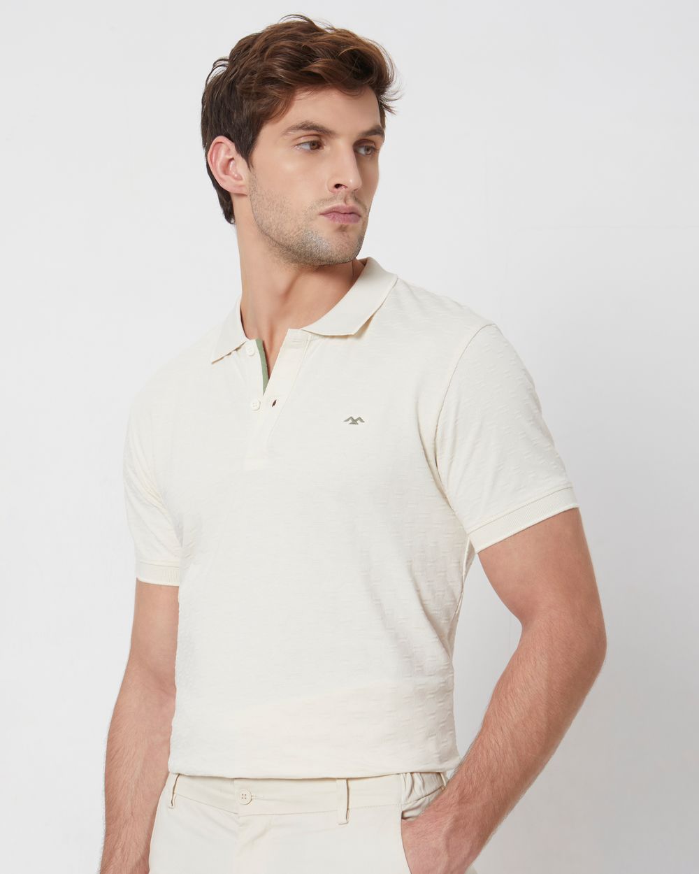 Beige Textured Slim Fit Textured Jersey Polo T-Shirt