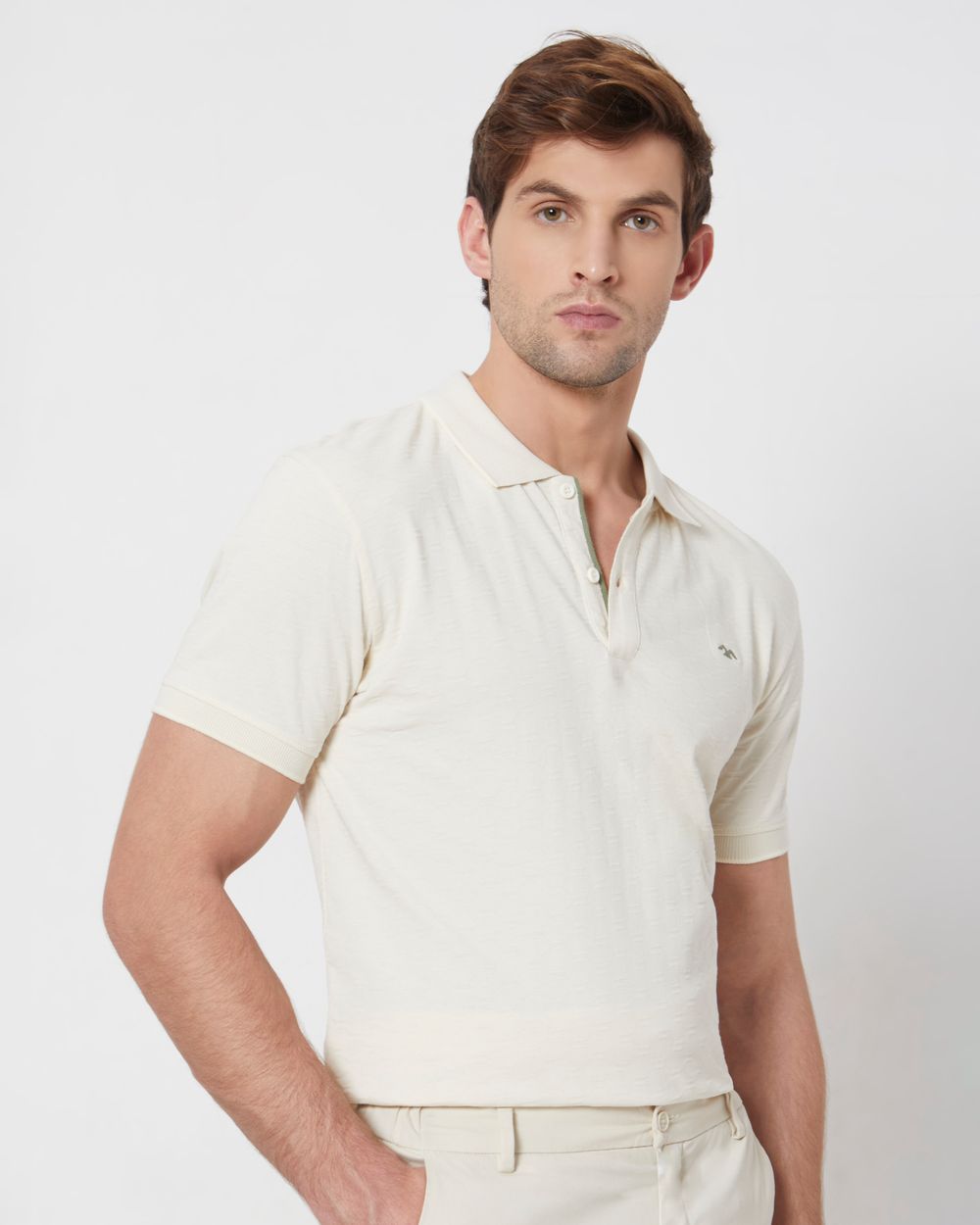 Beige Textured Slim Fit Textured Jersey Polo T-Shirt