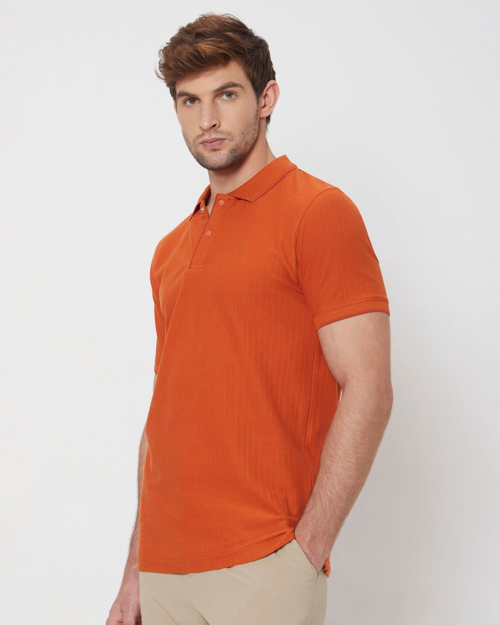 Rust Textured Plain Slim Fit Casual Polo T-Shirt