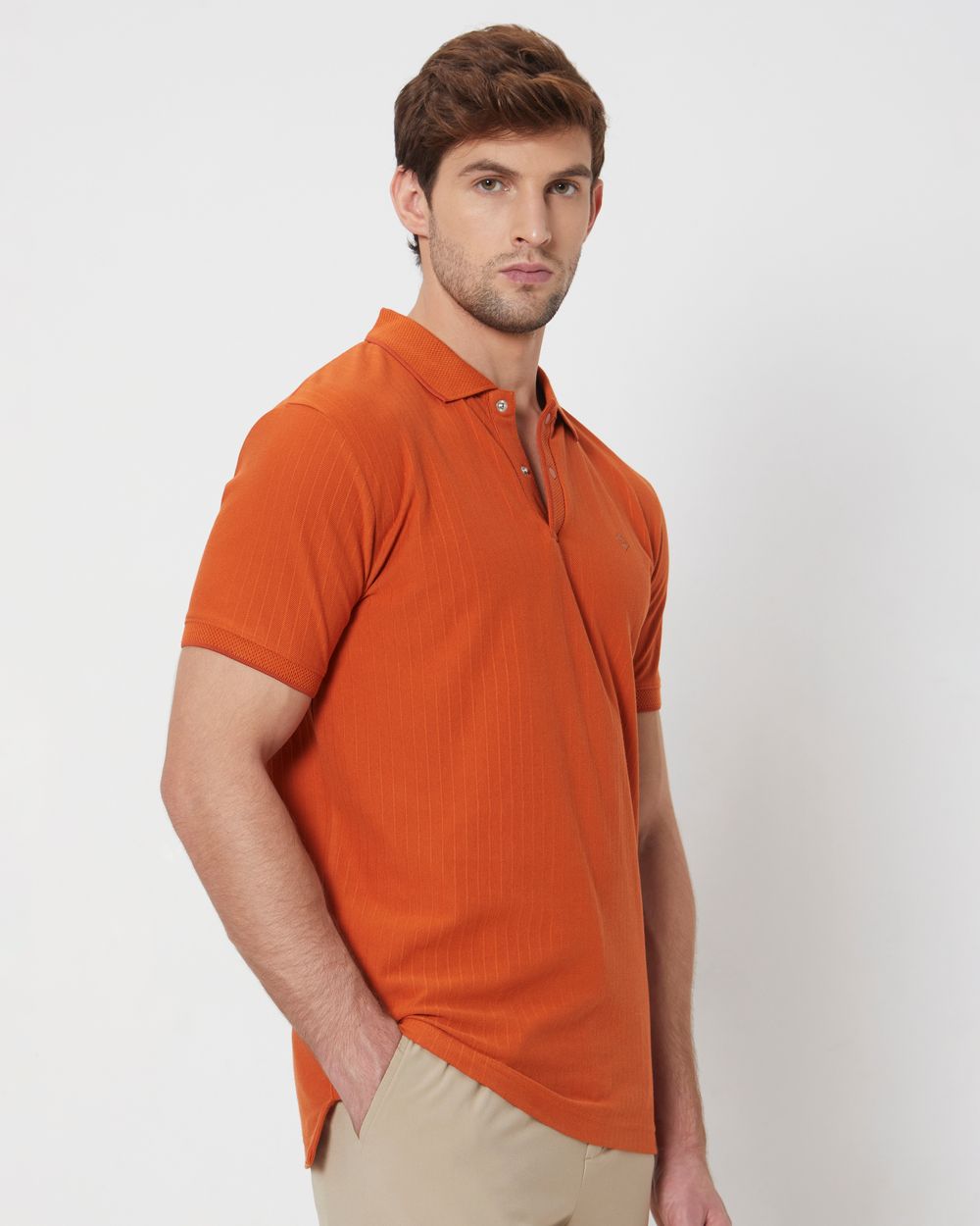 Rust Textured Plain Slim Fit Casual Polo T-Shirt
