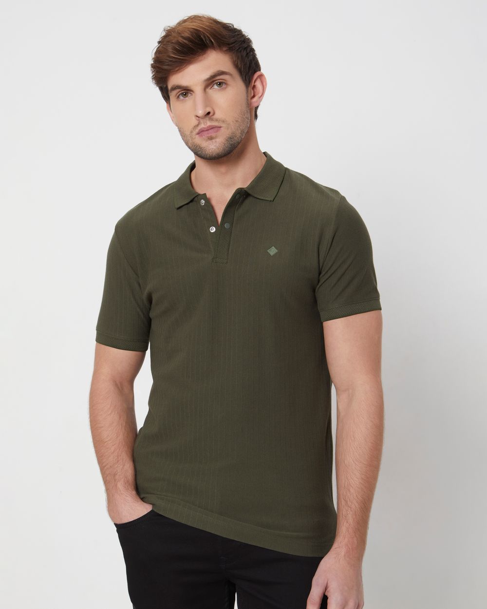 Olive Textured Plain Slim Fit Casual Polo T-Shirt