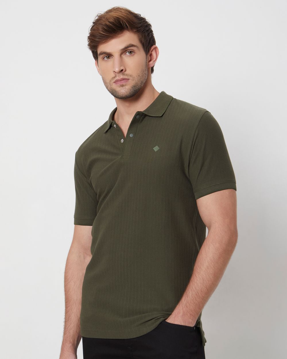 Olive Textured Plain Slim Fit Casual Polo T-Shirt